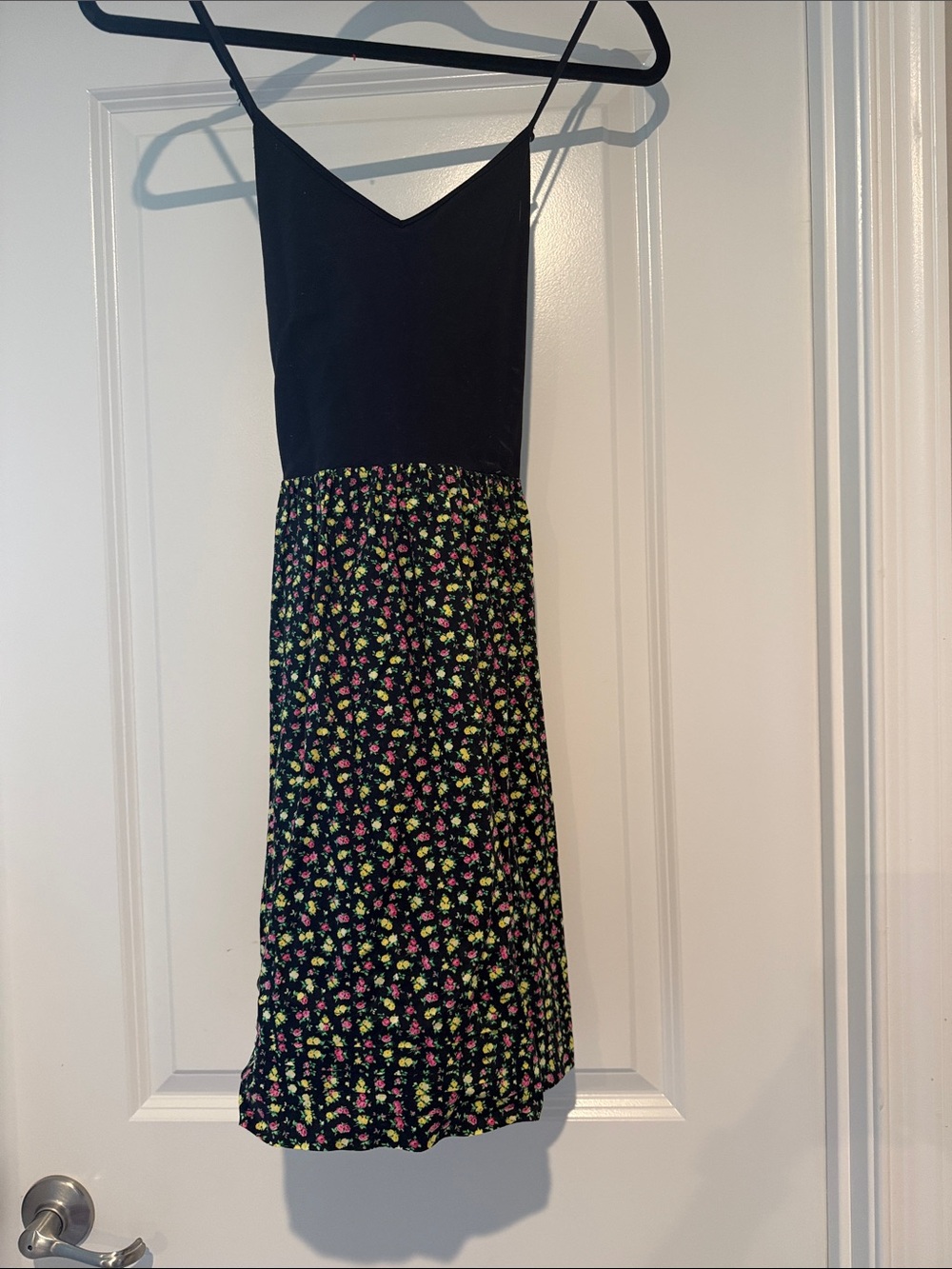 Black Bodice Floral Midi Dress with Spaghetti Straps
